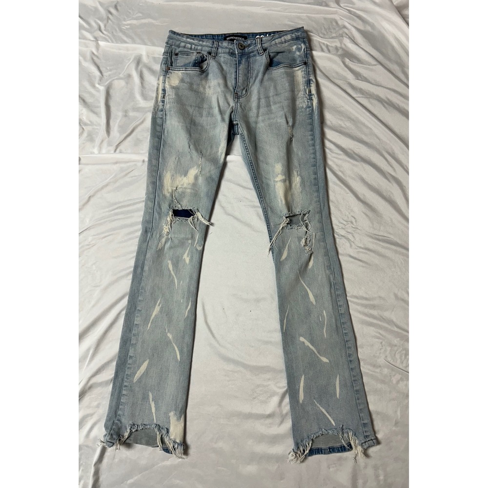 Serenede Mens 32 Stacked Denim Light Wash Distressed Paint Splatter Jeans Y2K